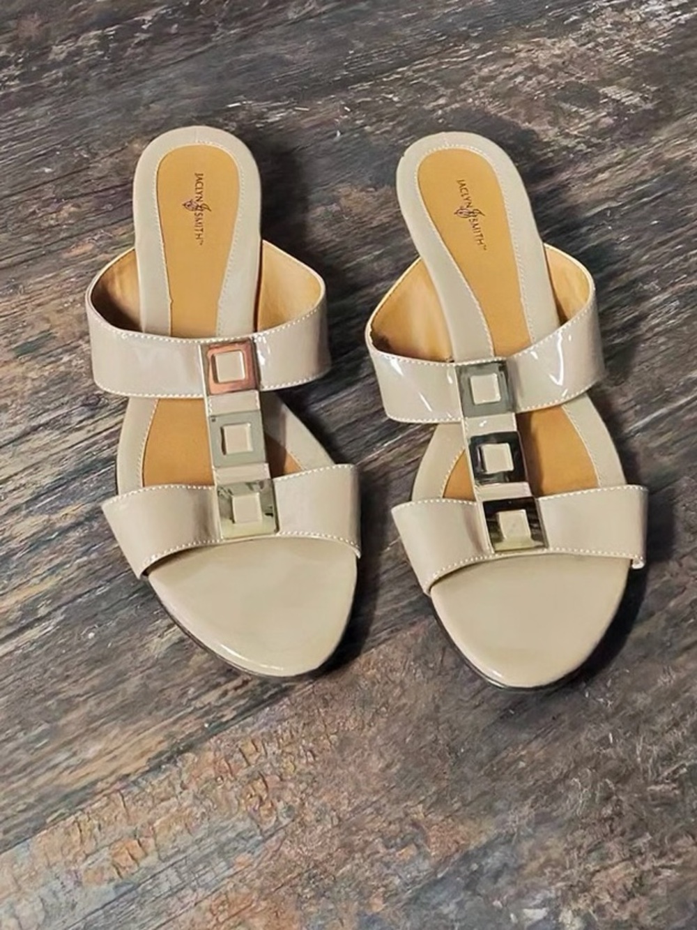 Jaclyn Smith Patent Nude Slide Sandals with Square Metal Accents